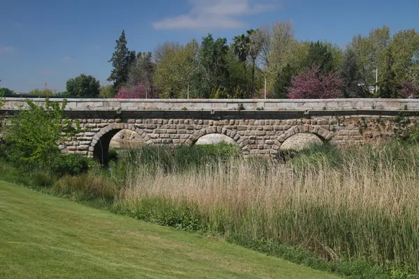 The bridge along its full length from the floodplain, with its parapet