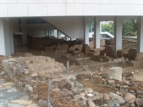Vista general del área excavada: muros de las insulae legibles en planta bajo la cubierta